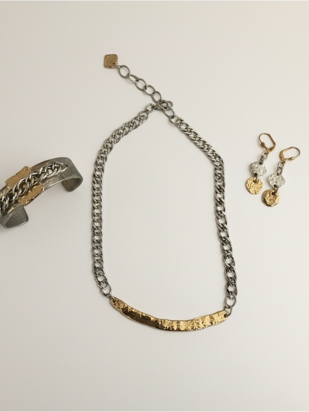J. Jansen Designs Two-Tone Hammered Necklace + Earrings + cuff Set COA Signed
